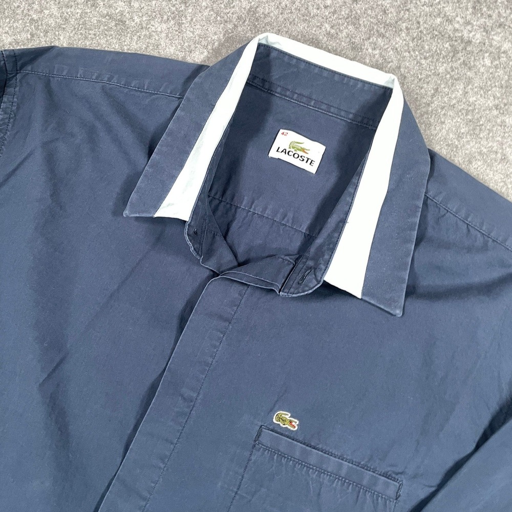Lacoste Mens Button Down Shirt 42 Navy Long Sleeve Classic Preppy Cotton